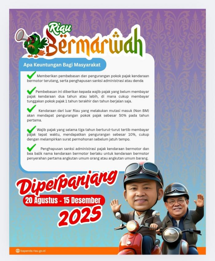 Pemprov Riau Perpanjang Program Keringanan Pajak Kendaraan Hingga 15 Desember 